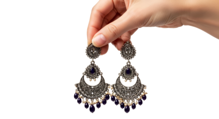 unveiling exquisite jhumkas silver elegance, deep blue sparkle, isolated on transparent background
