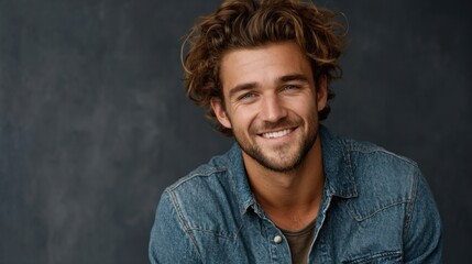 Obraz premium Young man with tousled hair and a warm smile radiates casual confidence in a studio portrait.