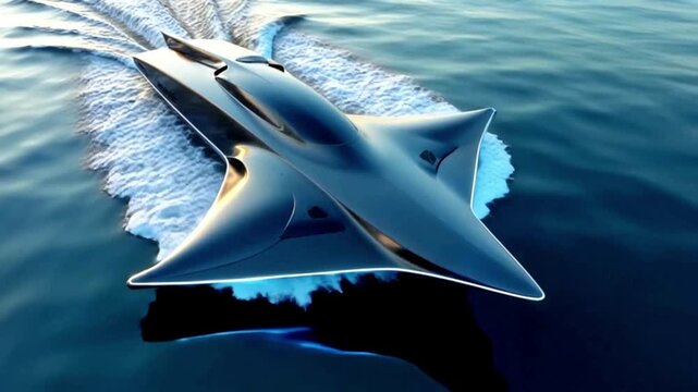 An aerial view of a futuristic fighter jet flying over calm water. The jet is sleek and streamlined, with a pointed nose and two wings. The water surface is smooth and reflective