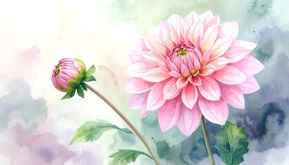 Delicate pink dahlia and bud in soft watercolor style