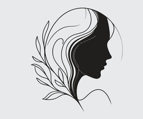 line-art of a calm female face in profile seamlessly blending into natural elements