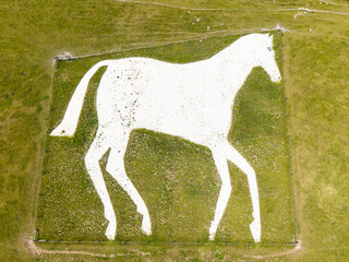 Aerial view of Devizes Roundway White Horse, Chalk Hill Figure, Wiltshire, England, UK