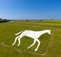 Aerial view of Devizes Roundway White Horse, Chalk Hill Figure, Wiltshire, England, UK