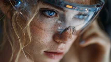 A woman in a modern digital workspace, focused on adanced technologies like AIand quantum computing. Hervisor suggests an augmente reality environment.