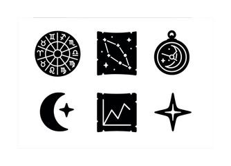 Astrological symbols: zodiac wheel, constellation map, moon phase, crescent, chart, star icon set
