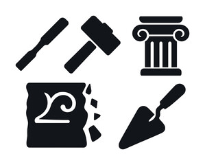 Stone masonry tools and symbols: chisel, mallet, column, and trowel icons