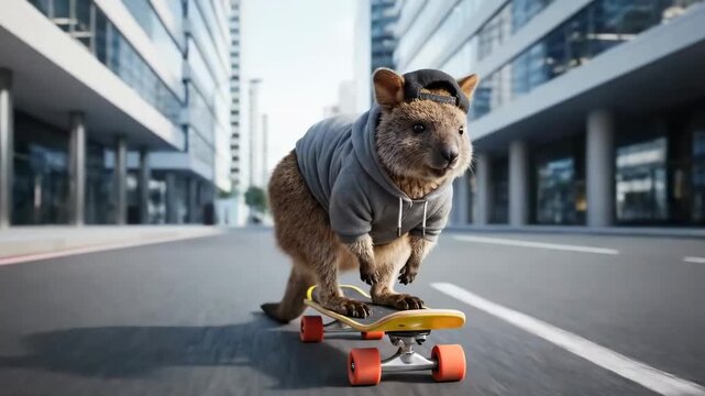Quokka cruises city streets on skateboard, dressed in hoodie and cap, a playful urban adventure with a touch of whimsy and lighthearted fun