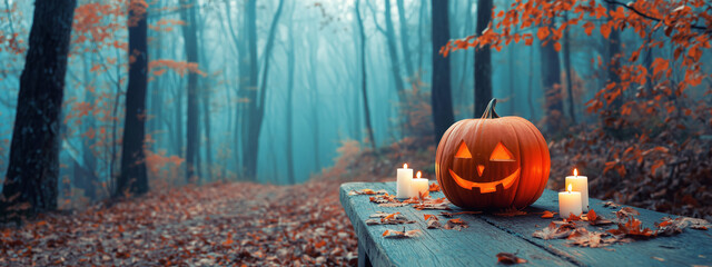 halloween jack o lantern in the spooky forest