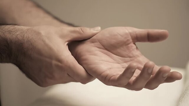 Person feeling wrist, checking pulse or experiencing pain. Health monitoring, medical examination, injury, discomfort, healthcare concept