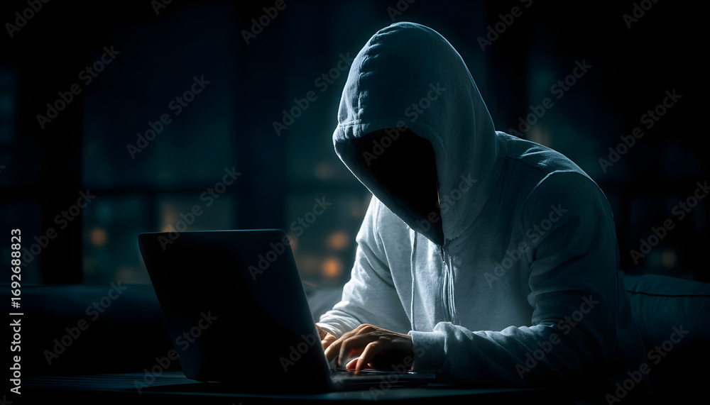 Poster anonymous hacker with white hoodie typing computer lptop. concept of ethical hcking. cybersecurity, 