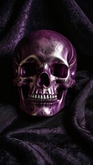 Fototapeta premium Vertical gothic halloween skull in purple metallic finish on velvet background