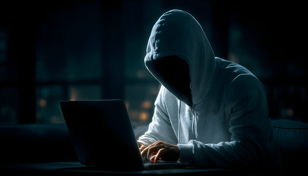 Anonymous hacker with white hoodie typing computer lptop. Concept of ethical hcking. Cybersecurity, Cybecrime, Cyberattack.