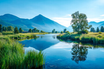 Majestic mountain landscape with a blue lake and lush green gras