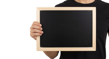 Holding blank chalkboard sign for message or advertisement on black