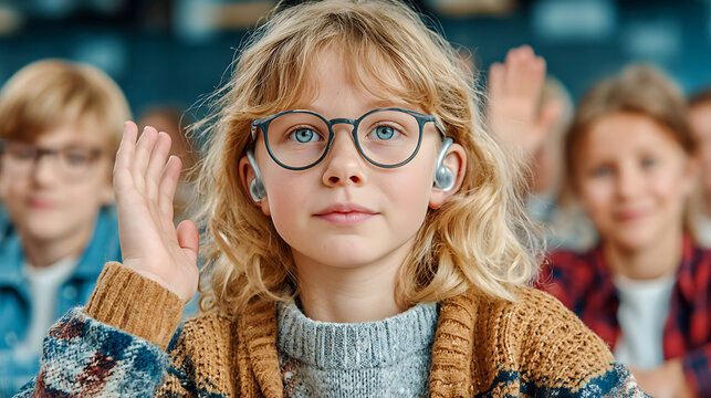 Smart student raising hand and wearing hearing aid in classroom