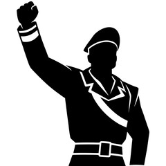 Silhouette of a leader with raised fist and beret