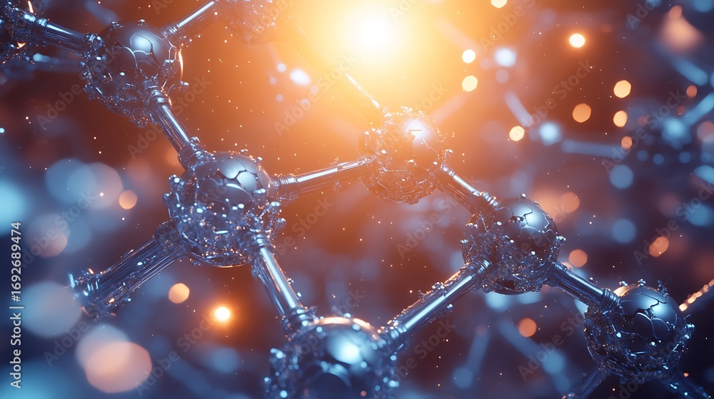 Poster a close up view of a metallic molecule structure with bright light