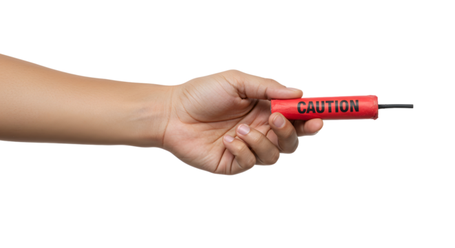 Holding Red Caution Explosive in Hand on Transparent Background Danger