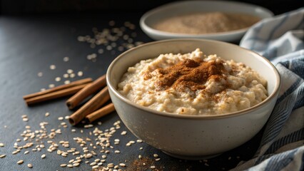 Warm creamy oatmeal with cinnamon and sliced almonds on dark table