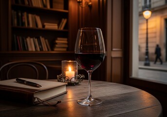 A glass of red wine sits on a table next to a book and a lit candle, with a bookshelf in the background and a street lamp visible outside a window