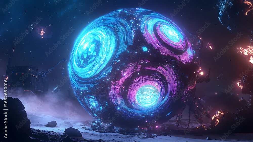 Poster glowing orb with swirling patterns on a desolate alien landscape