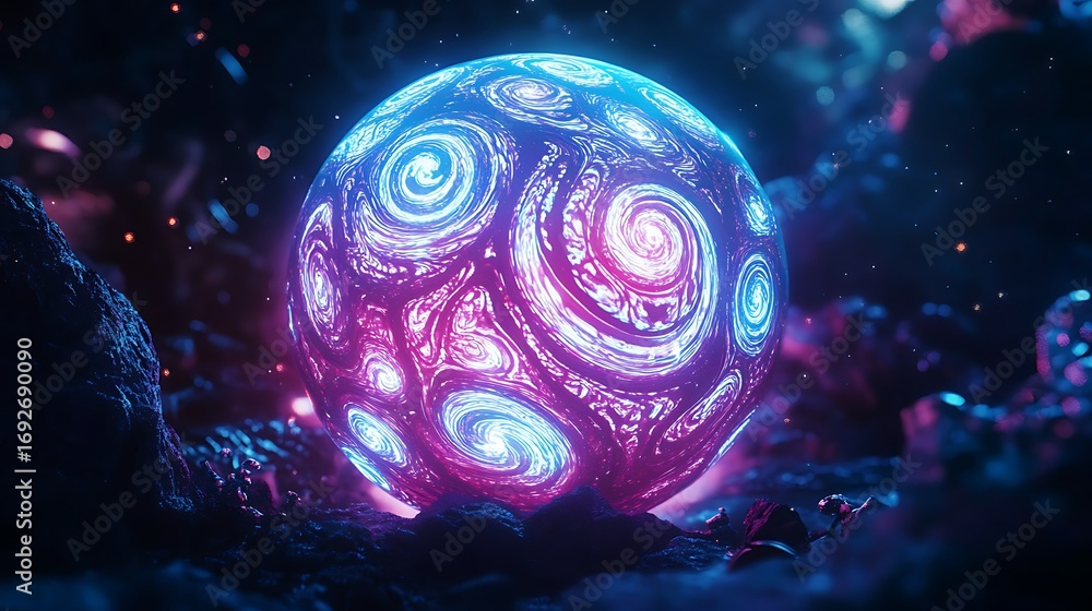 Aufkleber glowing orb with swirling patterns resting on a rocky surface
