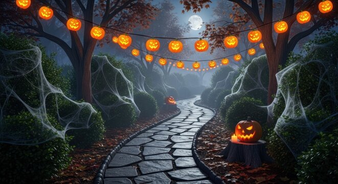 Spooky halloween night scene with glowing pumpkins lining a pathway in the woods - Powered by Adobe