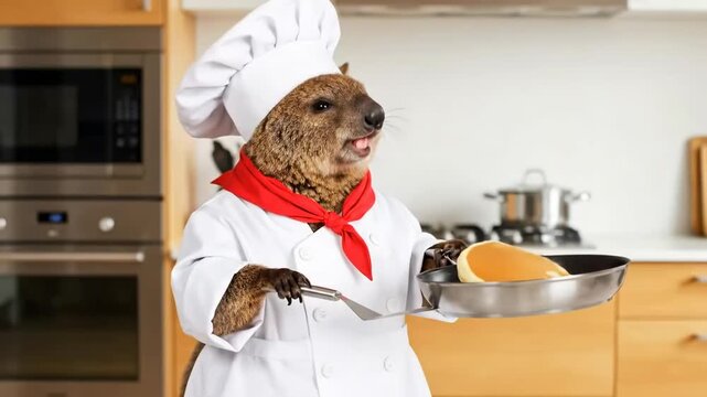 Funny quokka chef cooking pancakes in modern kitchen, perfect for lighthearted food blogs and playful cooking tutorials, adding quirky charm to your content