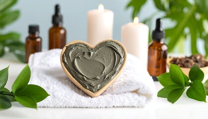 Luxurious mud pack in heart-shaped bowl surrounded by natural elements for skincare and relaxation
