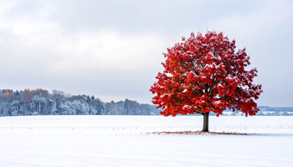 A vibrant red tree stands alone in a snow-covered field under a cloudy sky, winter landscape.