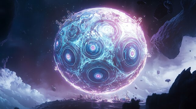 A glowing orb with concentric circles floats above a landscape