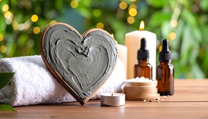 Mud pack treatment displayed in heart-shaped bowl with candles and essential oils for a relaxing spa experience