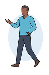An illustration of a man walking, gesturing with one hand and the other in his pocket. Wearing a blue sweater and dark pants, he embodies casual communication and discussion. Perfect for marketing, li