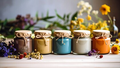 Colorful mud pack jars lined up on a surface with dried flowers and greenery in the background