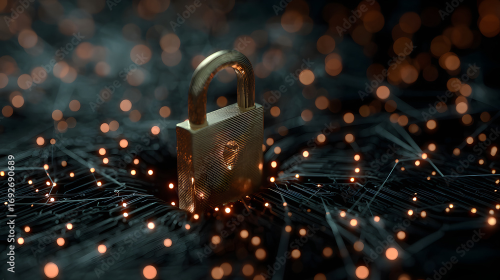 Poster padlock icon within a complex interface of cyber secrity network lines and gloing dots, symbolizing 