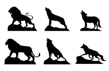 Lion, Wolf and Coyote Silhouette Collection - Bold Wildlife Poses on Cliff