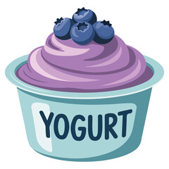 Blueberry flavor yogurt in blue cup with berries and spoon isolated vector illustration