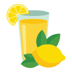 Fresh lemon juice drink in glass with lemon wedge beside isolated vector illustration