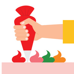 Cake decoration with pastry bag and cream by hand cartoon flat illustration vector