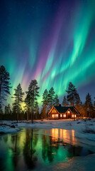 Wooden cabin reflecting in frozen lake under aurora borealis in Lapland