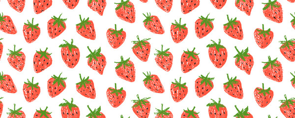 Red strawberry fruit and leaf seamless pattern with crayon texture.