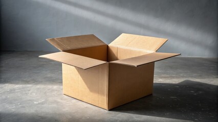 An empty open cardboard box sitting on a concrete floor in natural lighting, ready for packing, storage, or moving.