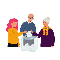A young woman casts her vote as her parents, an elderly couple, watch her, standing behind the ballot box.