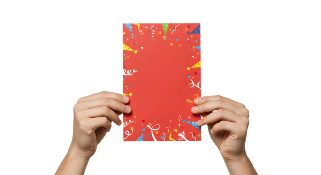 Holding red party invitation card mockup with confetti background design