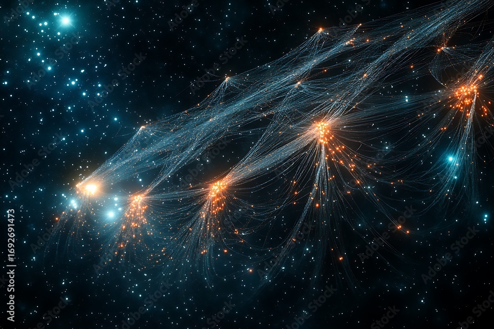 Poster a network of glowing nodes connected by lines in a dark cosmos