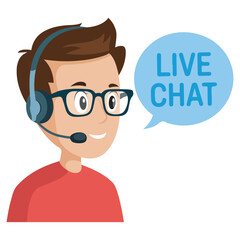 Support managers live chat banners with young smiling hipster boy with headset vector