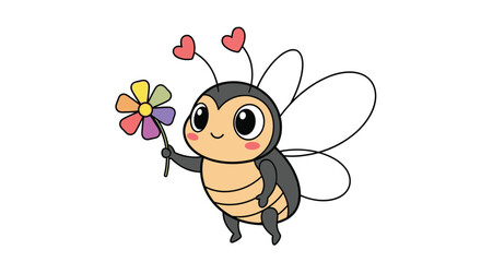 Obraz premium Cute flying bee holding a colorful flower with heart antennae for kids and animal lovers