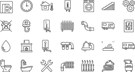 Plumbing and heating icon set, black-and-white line style, home maintenance tools, utility system symbols, vector clipart bundle for technical designPlumbing and heating icon set, black-and-white line