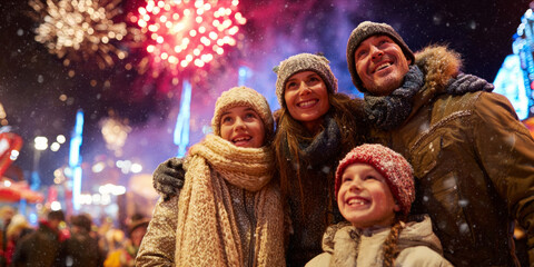 Happy family watches firework display, feeling joyful and celebratory