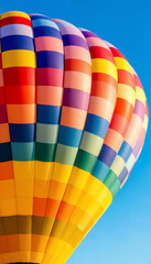 Naklejka premium Colorful checkered hot air balloon ready for flight against blue sky
